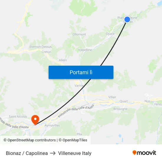 Bionaz / Capolinea to Villeneuve Italy map