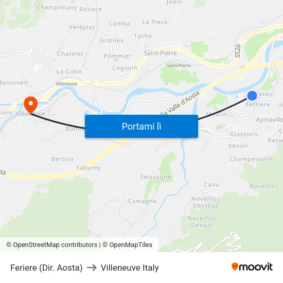 Feriere (Dir. Aosta) to Villeneuve Italy map