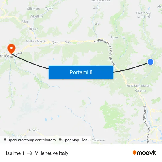 Issime 1 to Villeneuve Italy map