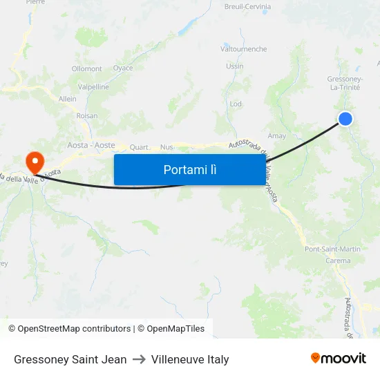 Gressoney Saint Jean to Villeneuve Italy map