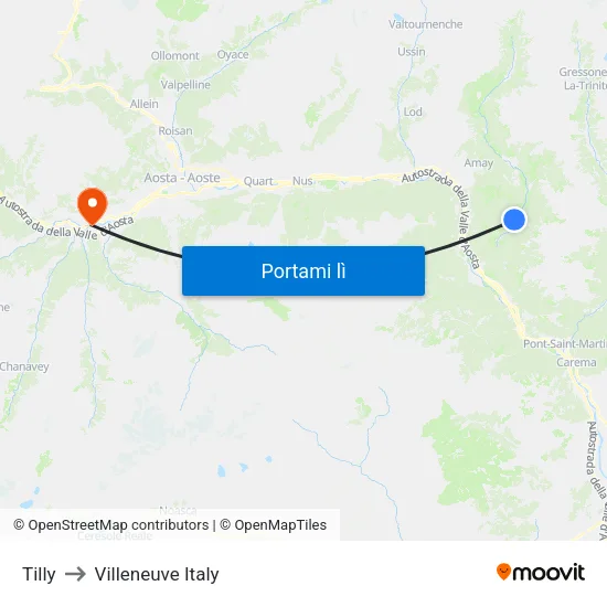 Tilly to Villeneuve Italy map