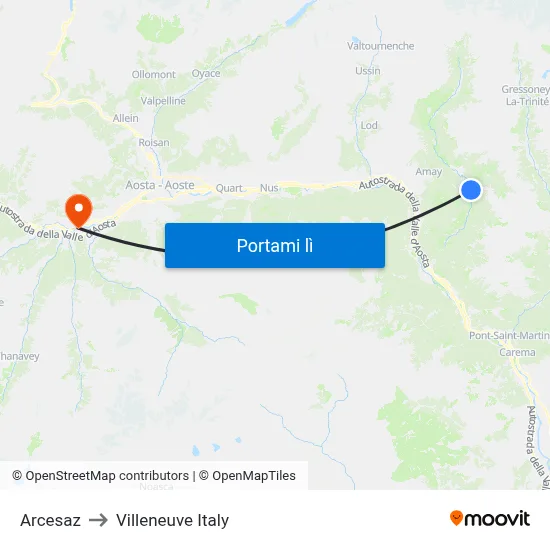 Arcesaz to Villeneuve Italy map