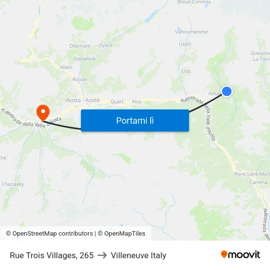 Brusson Lago to Villeneuve Italy map