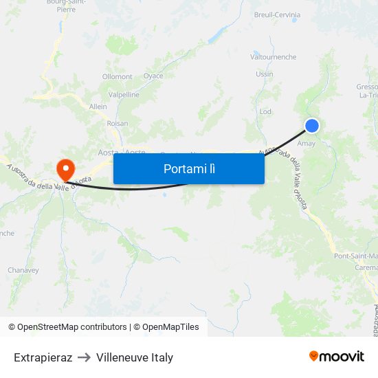 Extrapieraz to Villeneuve Italy map