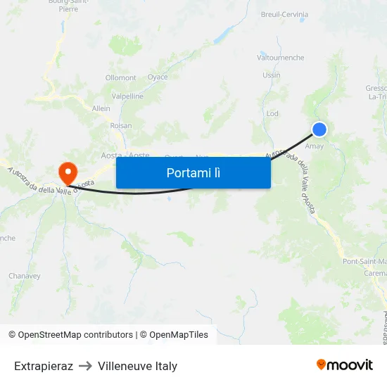 Extrapieraz to Villeneuve Italy map