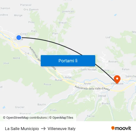 La Salle Municipio to Villeneuve Italy map