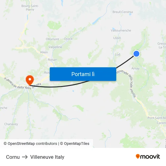 Cornu to Villeneuve Italy map