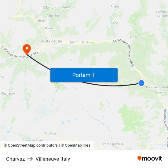 Charvaz to Villeneuve Italy map