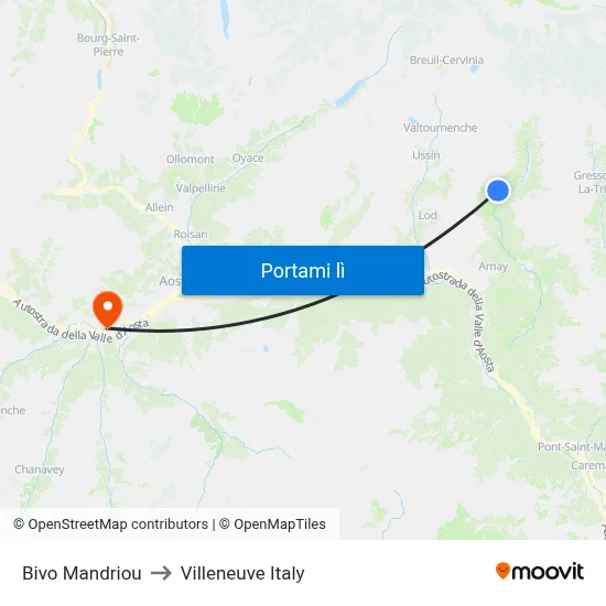 Bivo Mandriou to Villeneuve Italy map