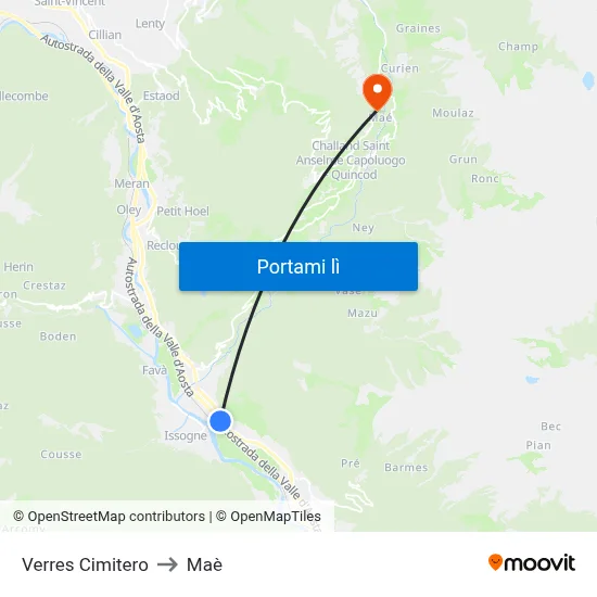 Verres Cimitero to Maè map