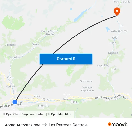 Aosta Autostazione to Les Perreres Centrale map