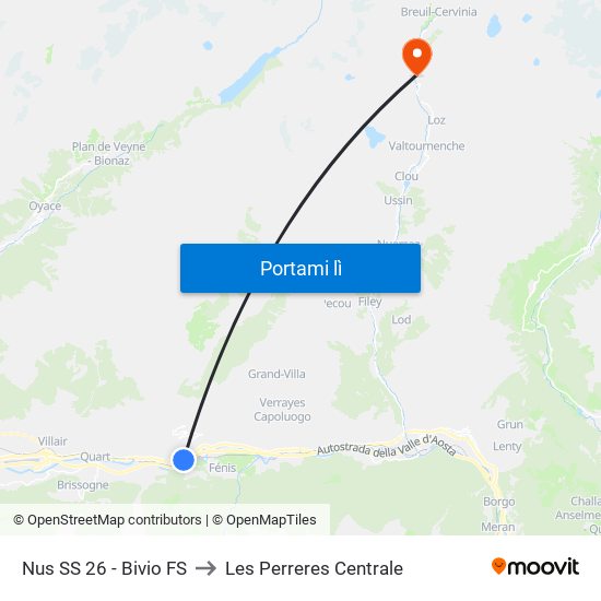 Nus SS 26 - Bivio FS to Les Perreres Centrale map