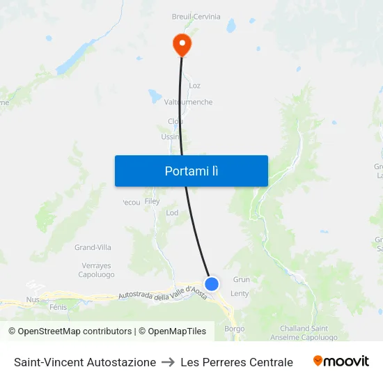 Saint-Vincent Autostazione to Les Perreres Centrale map