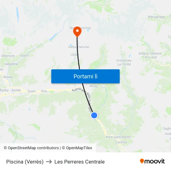 Verrès Piscina to Les Perreres Centrale map