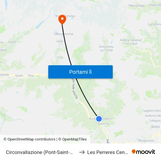 Circonvallazione (Pont-Saint-Martin) to Les Perreres Centrale map