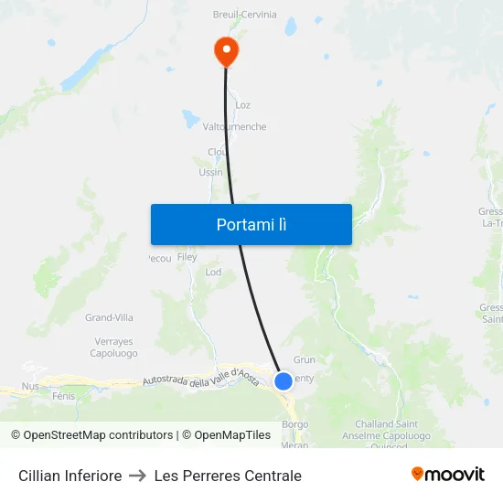 Cillian Inferiore to Les Perreres Centrale map