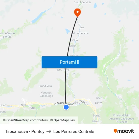 Tsesanouva - Pontey to Les Perreres Centrale map
