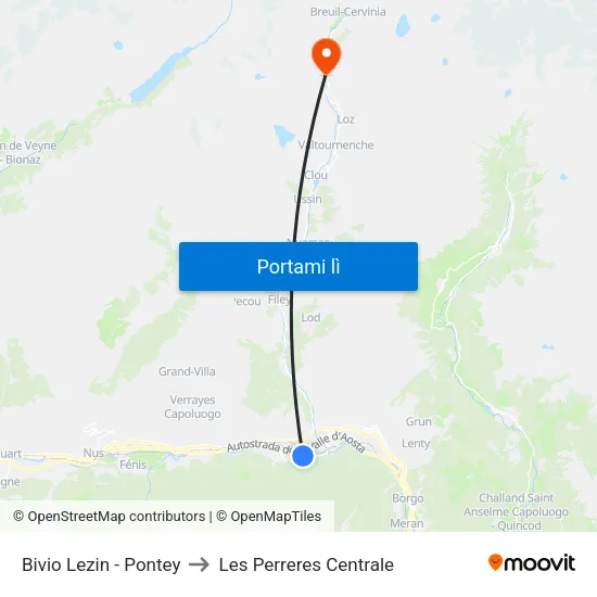 Bivio Lezin - Pontey to Les Perreres Centrale map