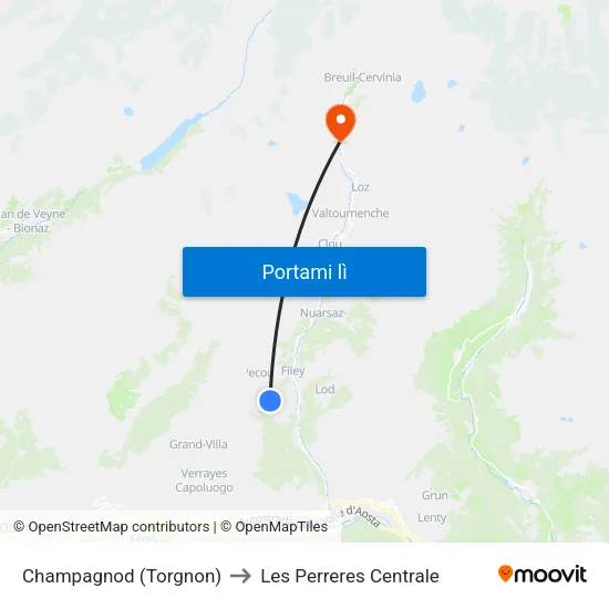 Champagnod (Torgnon) to Les Perreres Centrale map