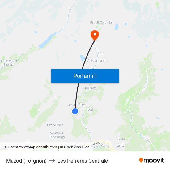 Mazod (Torgnon) to Les Perreres Centrale map