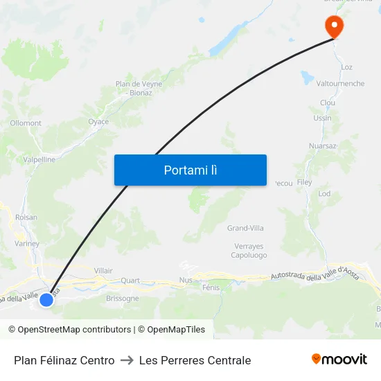 Plan Félinaz Centro to Les Perreres Centrale map