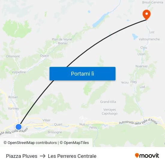 Piazza Pluves to Les Perreres Centrale map