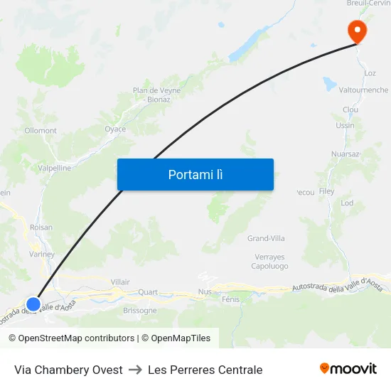Via Chambery Ovest to Les Perreres Centrale map