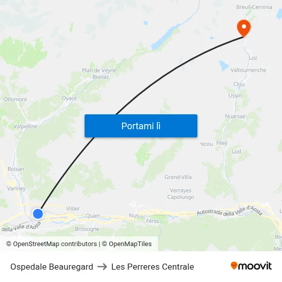 Ospedale Beauregard to Les Perreres Centrale map
