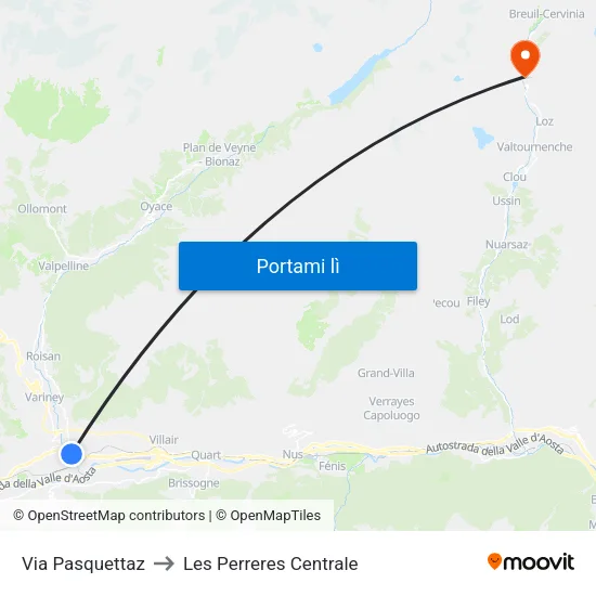 Via Pasquettaz to Les Perreres Centrale map