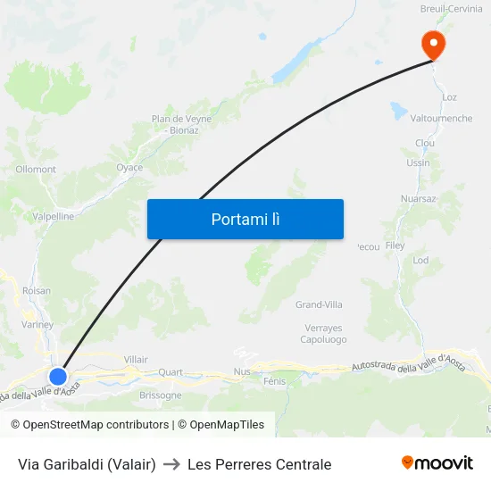 Via Garibaldi (Valair) to Les Perreres Centrale map