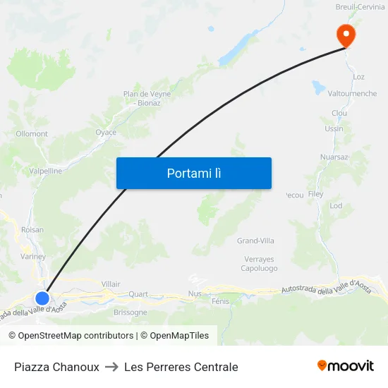 Piazza Chanoux to Les Perreres Centrale map