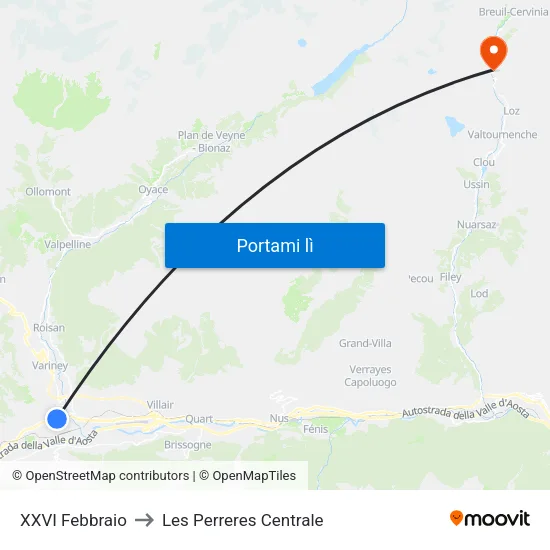 XXVI Febbraio to Les Perreres Centrale map