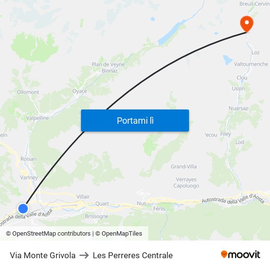 Via Monte Grivola to Les Perreres Centrale map