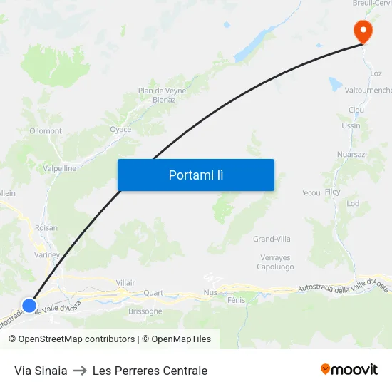 Via Sinaia to Les Perreres Centrale map