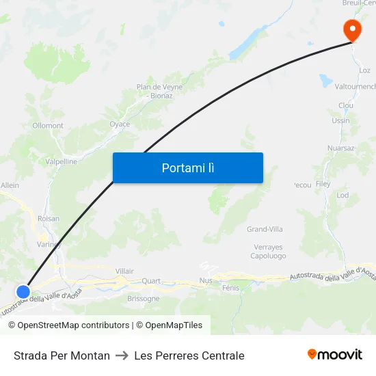 Strada Per Montan to Les Perreres Centrale map