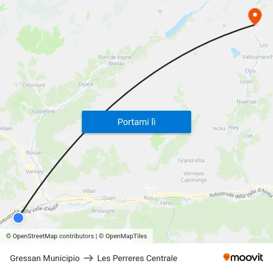 Gressan Municipio to Les Perreres Centrale map