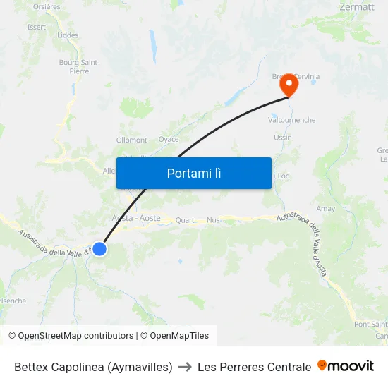 Bettex Capolinea (Aymavilles) to Les Perreres Centrale map