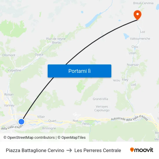 Piazza Battaglione Cervino to Les Perreres Centrale map