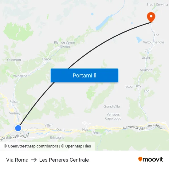 Via Roma to Les Perreres Centrale map