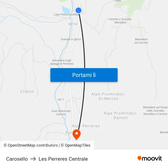 Carosello to Les Perreres Centrale map
