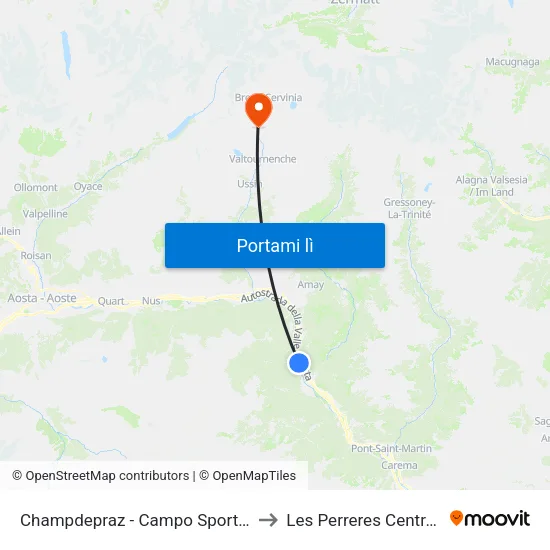 Champdepraz - Campo Sportivo to Les Perreres Centrale map