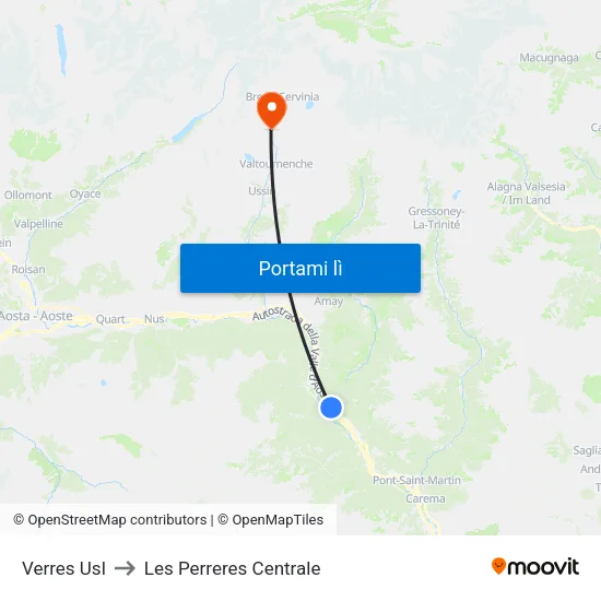 Verres Usl to Les Perreres Centrale map