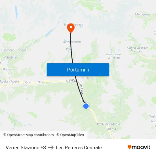 Verres Stazione FS to Les Perreres Centrale map