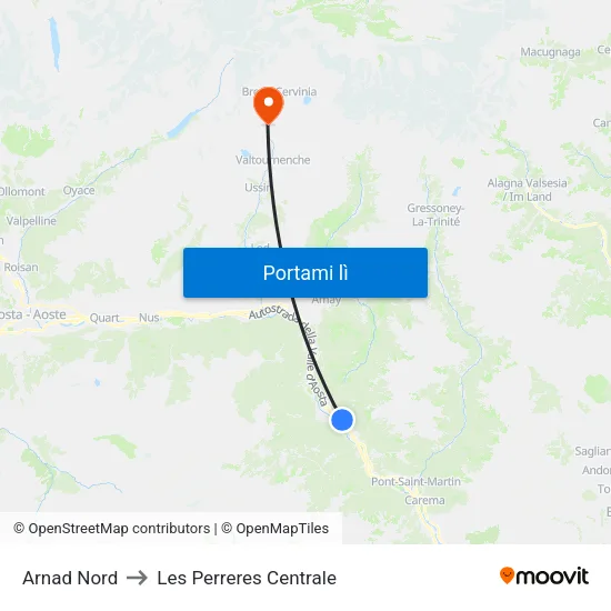 Arnad Nord to Les Perreres Centrale map