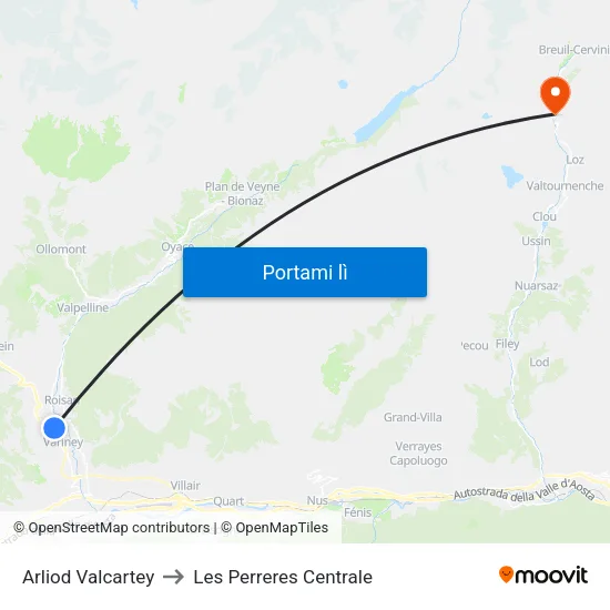 Arliod Valcartey to Les Perreres Centrale map