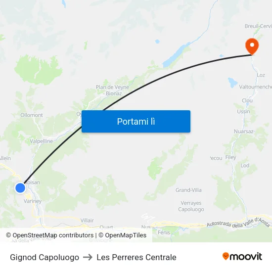 Gignod Capoluogo to Les Perreres Centrale map