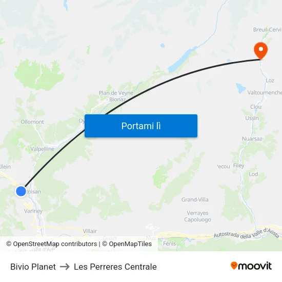 Bivio Planet to Les Perreres Centrale map