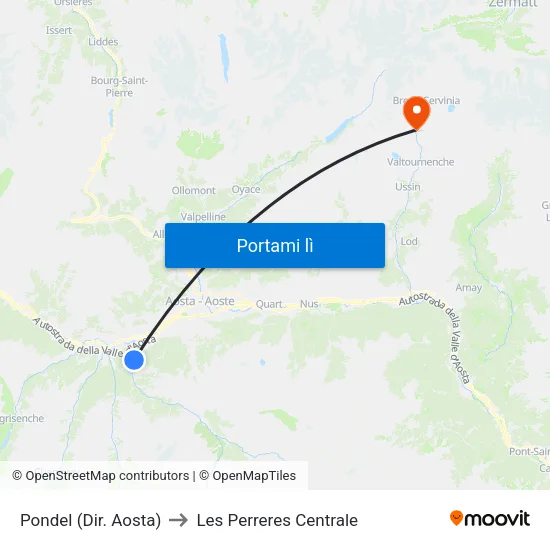 Pondel (Dir. Aosta) to Les Perreres Centrale map