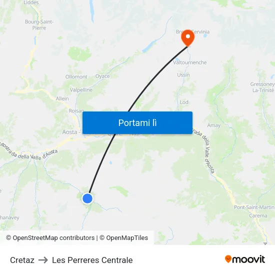 Cretaz to Les Perreres Centrale map