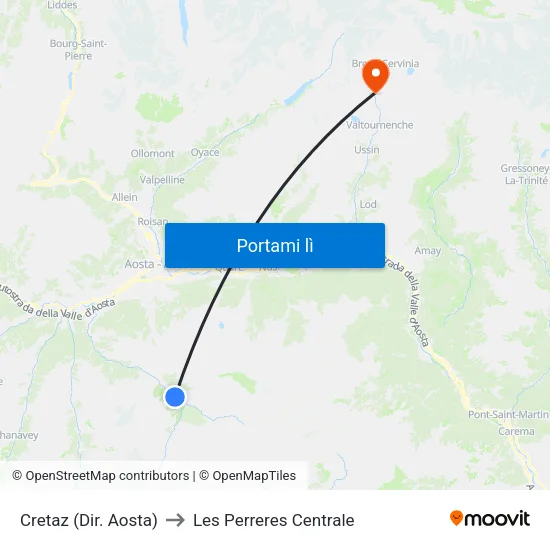 Cretaz (Dir. Aosta) to Les Perreres Centrale map
